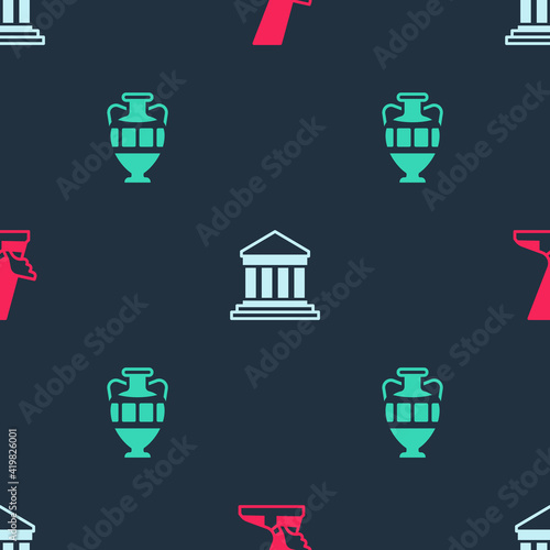 Set Hermes sandal, Parthenon and Ancient amphorae on seamless pattern. Vector.