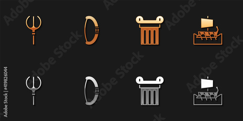 Set Neptune Trident, Medieval bow, Ancient column and Greek trireme icon. Vector.