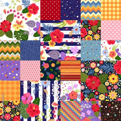 Colorful patchwork pattern with bright tropical flowers and geometric ornaments. Summer print. Seamless vector design.