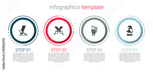 Set Hermes sandal, Crossed medieval sword, Ancient amphorae and bust sculpture. Business infographic template. Vector.