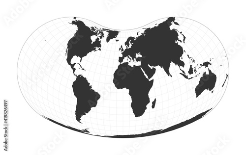 Map of The World. Hill eucyclic projection. Globe with latitude and longitude net. World map on meridians and parallels background. Vector illustration.