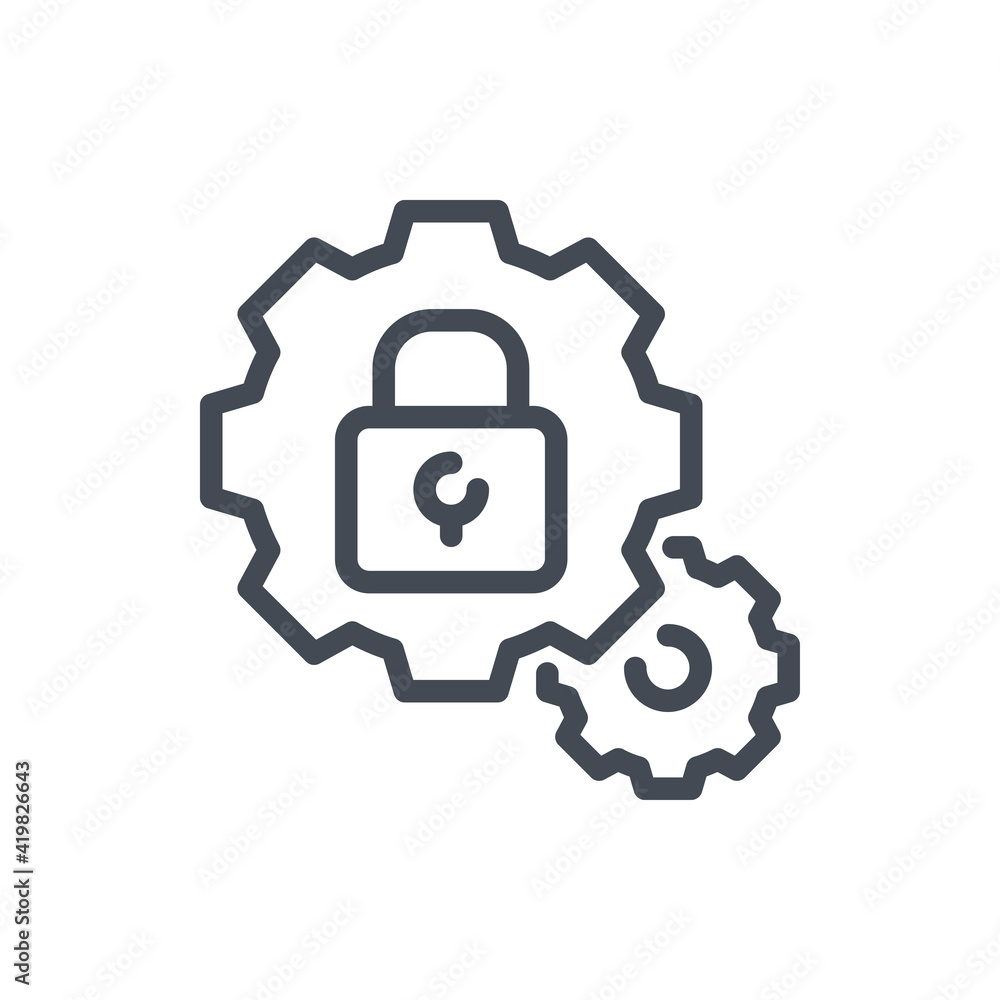 Security settings line icon. Gears with lock vector outline sign. Security settings line icon. Gears with lock vector outline sign.