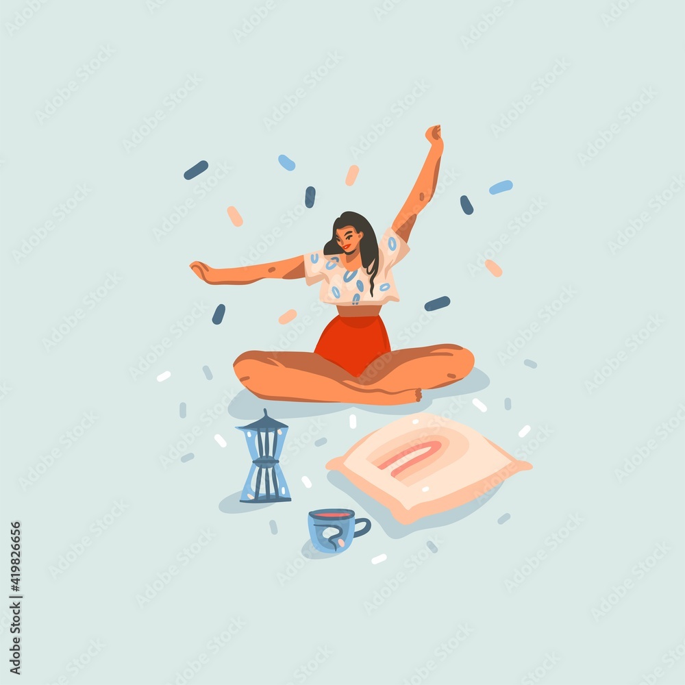 Hand drawn vector abstract stock graphic illustration with young smiling happy female have morning stretches yoga at home with confetti isolated on color background