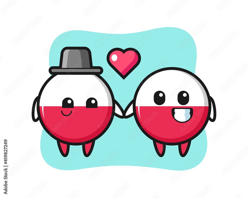 Poland flag badge cartoon character couple with fall in love gesture