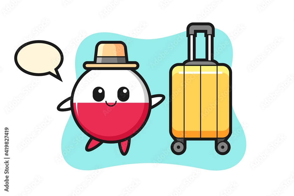 Poland flag badge cartoon illustration with luggage on vacation
