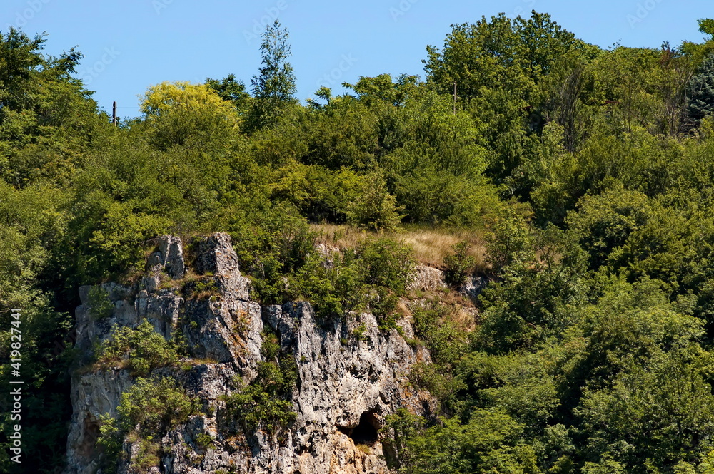 Panorama from the area of ​​Rusenski Lom Nature Park with high vertical limestone cliffs, overgrown with deciduous trees, Nisovo, Bulgaria 