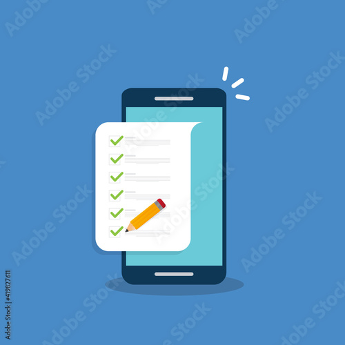 Check list document on smartphone, smartphone with paper check list and to do list with checkboxes, concept of survey, online quiz, completed things or done test, feedback. photo
