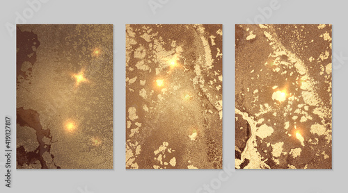 Marble set of gold and brown backgrounds with texture. Geode pattern with glitter. Abstract vector backdrops in fluid art alcohol ink technique. Modern paint with sparkles for banner, poster design