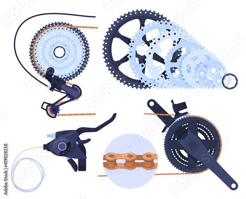 A set of details for a bicycle transmission. Rear and front sprockets, pedals, gear shift, pedal, chain, gear shift knobs. Vector illustration on a white background