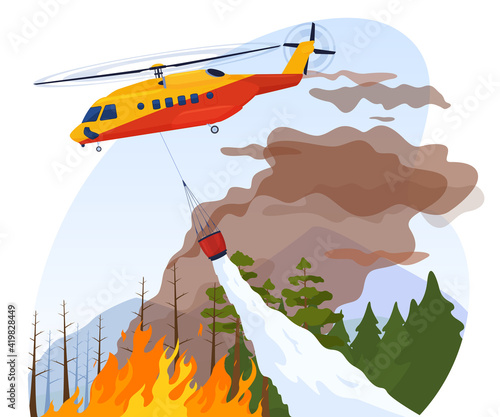 A rescue helicopter extinguishes a forest fire. Protection of the population from natural disasters. Vector illustration.