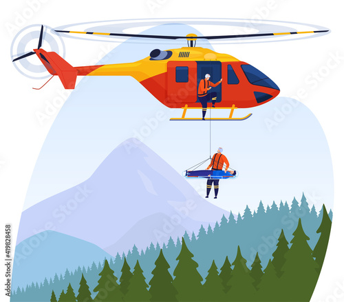 Rescue helicopter. Rescuers rescue a man in the mountains. Vector illustration. photo