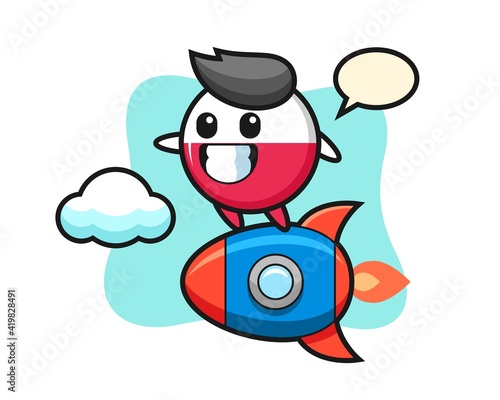 Poland flag badge mascot character riding a rocket