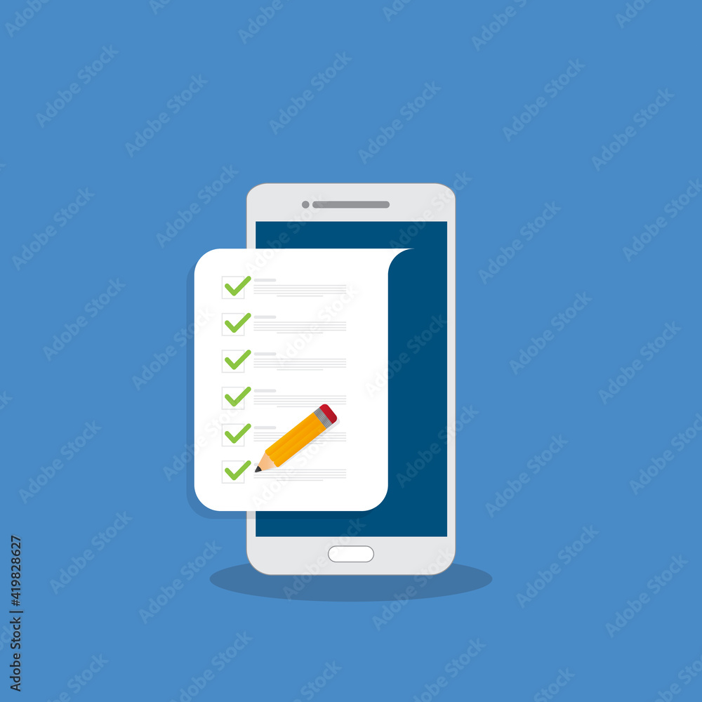 Check list document on smartphone, smartphone with paper check list and to do list with checkboxes, concept of survey, online quiz, completed things or done test, feedback. Check list document on smartphone, smartphone with paper check list and to do list with checkboxes, concept of survey, online quiz, completed things or done test, feedback.