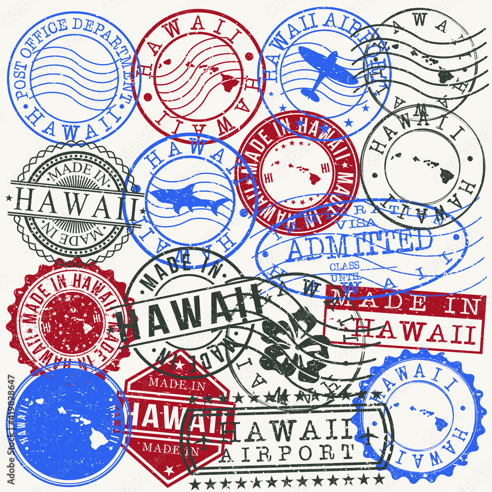 Hawaii, USA Set of Stamps. Travel Passport Stamps. Made In Product. Design Seals in Old Style