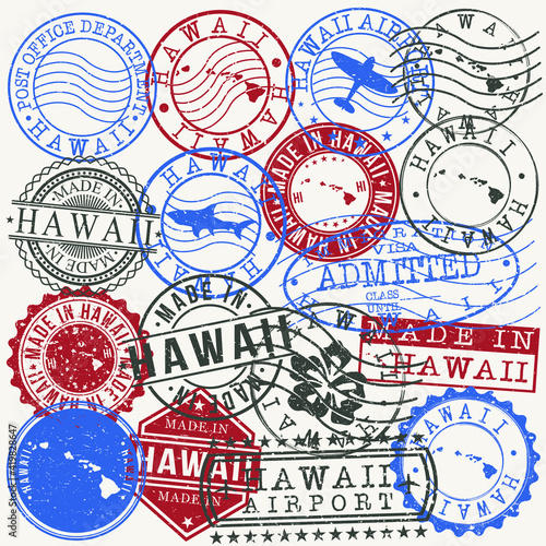 Hawaii, USA Set of Stamps. Travel Passport Stamps. Made In Product. Design Seals in Old Style Insignia. Icon Clip Art Vector Collection.