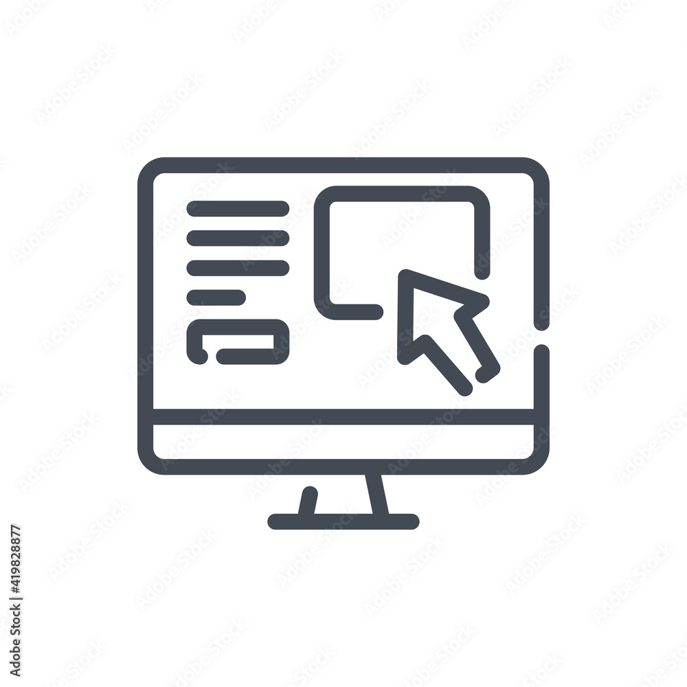 Product selection on the site line icon. Computer with website vector outline sign. Product selection on the site line icon. Computer with website vector outline sign.