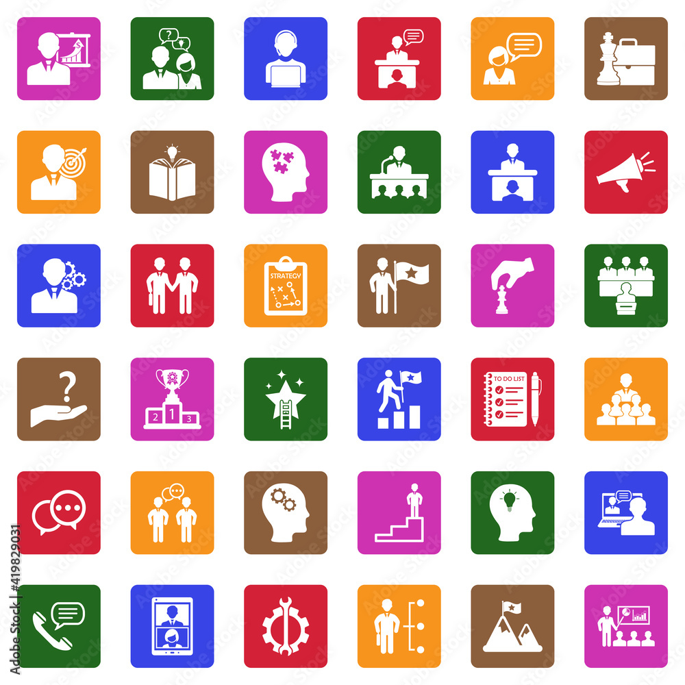 Coaching Business Icons. White Flat Design In Square. Vector Illustration.