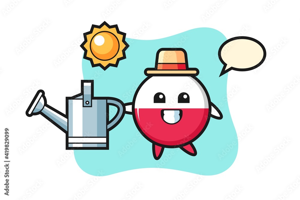 Cartoon character of poland flag badge holding watering can