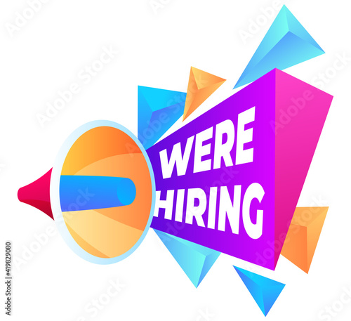 Banner Join our team. Search for employees. Vacancy, agitation for work. Loudspeaker with text. Hiring an employee. Advertising offers, announcements on social networks