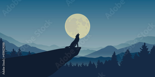 wolf howls at full moon blue nature landscape