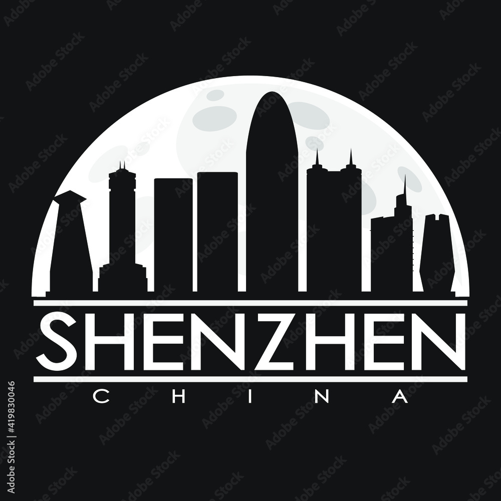 Shenzhen Full Moon Night Skyline Silhouette Design City Vector Art Background Illustration.