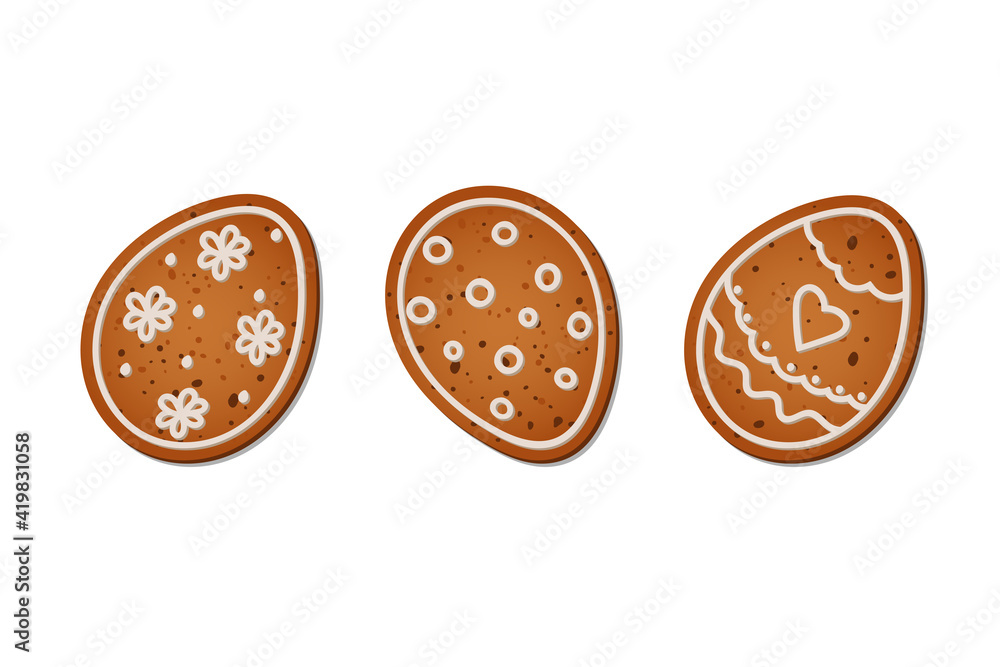 Fototapeta premium Realistic Easter eggs in the form of gingerbread with white icing. Isolated vector objects on a white background. 