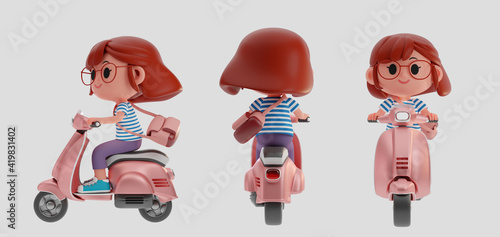 3d render illustration of cute women, girl character carrying bag riding on a scooter , motorcycle in different view, front, side, back