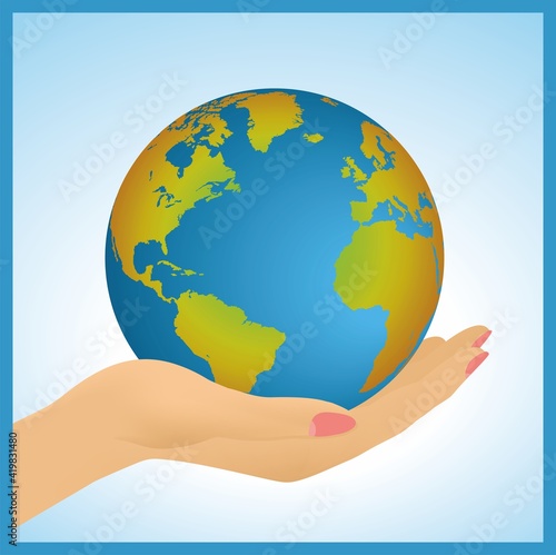 Hand gently holding planet Earth. Conceptual environment. This image could be found with other countries on globe on top. Vector illustration. EPS10.
