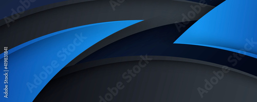 High contrast black and blue grey glossy wave curve technology business stripes. Abstract tech graphic banner design. Vector corporate background for wide banner