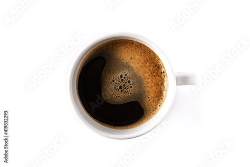 Hot coffee cup isolated on white background. Top view
