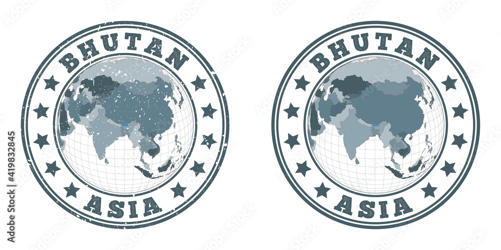 Bhutan round logos. Circular badges of country with map of Bhutan in world context. Plain and textured country stamps. Vector illustration. Bhutan round logos. Circular badges of country with map of Bhutan in world context. Plain and textured country stamps. Vector illustration.