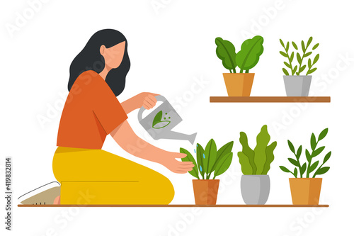 Young woman watering  houseplants. Growing and caring for potted flowers or herbs. Gardening concept. Flat vector illustration.