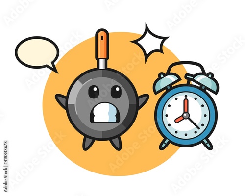 Cartoon illustration of frying pan is surprised with a giant alarm clock