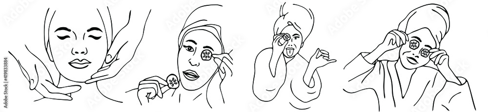 Spa center service flat vector illustrations set. Portraits of visitors of beauty salons. Outline icons.Facial masks. Spa center service flat vector illustrations set. Portraits of visitors of beauty salons. Outline icons.Facial masks.