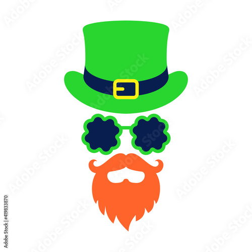 Saint Patrick mask graphic icon. Top hat, beard and glasses sign isolated on white background. St. Patrick's day symbol. Vector illustration
