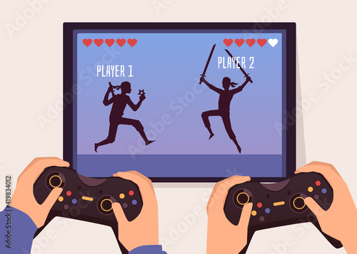 Two player fight game screen and hands holding gaming joysticks