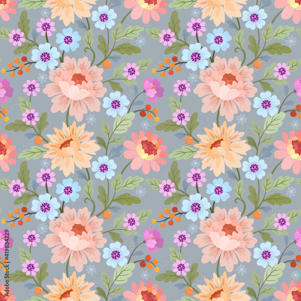 Seamless retro floral pattern, cute flowers, and leaves on a grey background. Seamless retro floral pattern, cute flowers, and leaves on a grey background.