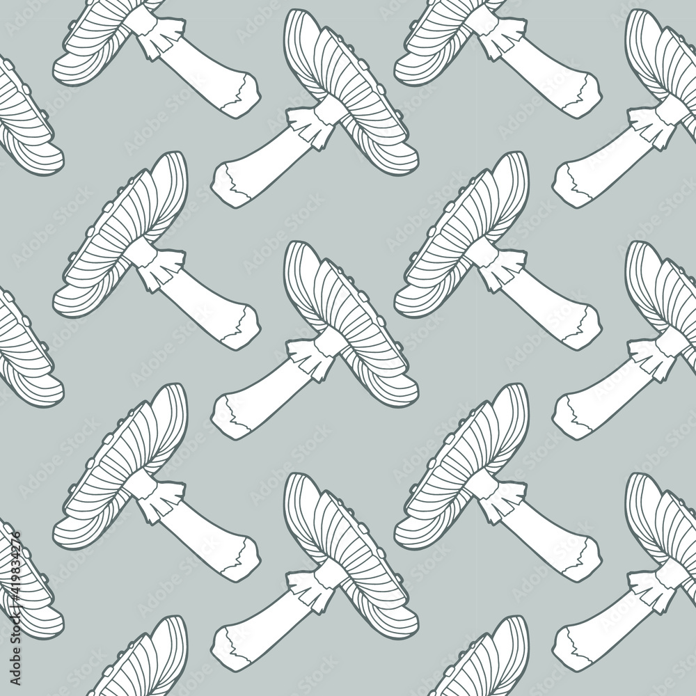 Seamless background. Mushrooms isolated on a gray background. Hand drawing illustration of amanita. Coloring page. Seamless background. Mushrooms isolated on a gray background. Hand drawing illustration of amanita. Coloring page.