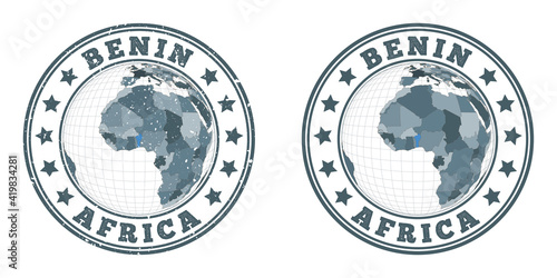 Benin round logos. Circular badges of the country with a map of Benin in a world context. Plain and textured country stamps. Vector illustration.