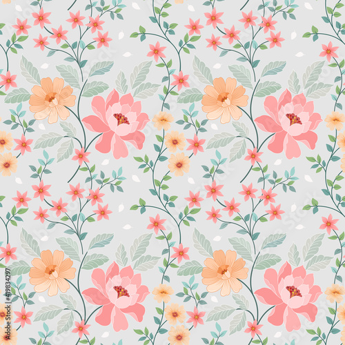 Seamless retro floral pattern, cute flowers, and leaves on a grey background.
