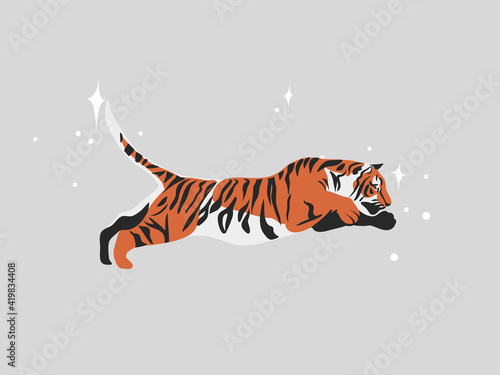 Fototapeta Naklejka Na Ścianę i Meble -  Hand drawn vector abstract stock flat graphic illustration with ethnic tribal mystic beautiful tiger in the wild,and magic stars in simple style ,isolated on white background