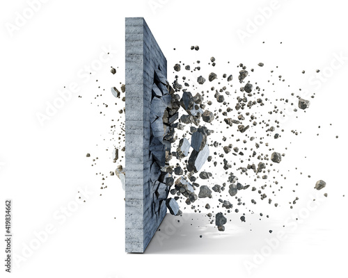Concrete wall on a white background shatters into the pieces, 3d illustration