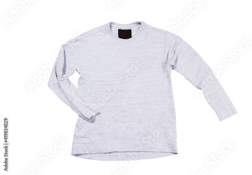 Gray pullover isolated on white background. Gray sweatshirt mock up empty copy space.