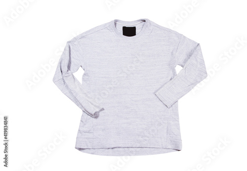 Gray pullover isolated on white background. Gray sweatshirt mock up empty copy space.