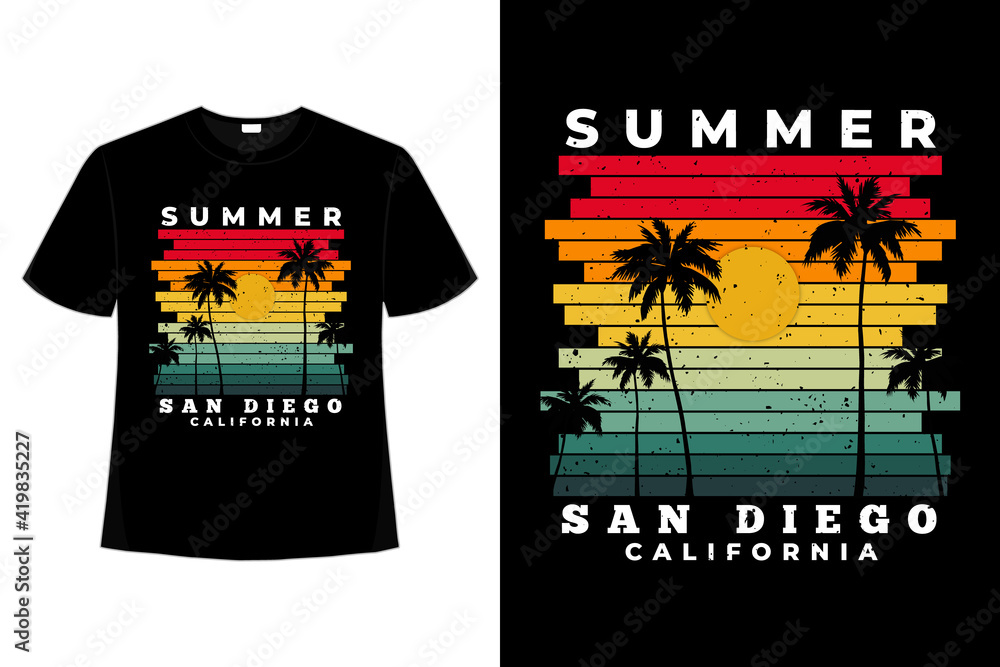 T-Shirt Uomo Neverless - Surf San Diego Con Palme E Spiaggia - Estate, Colori Vari