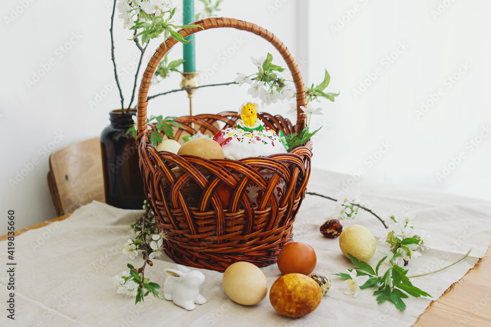 Easter food, eggs, beets, cheese, butter, ham, Easter bread in basket with flowers on rustic table Easter food, eggs, beets, cheese, butter, ham, Easter bread in basket with flowers on rustic table