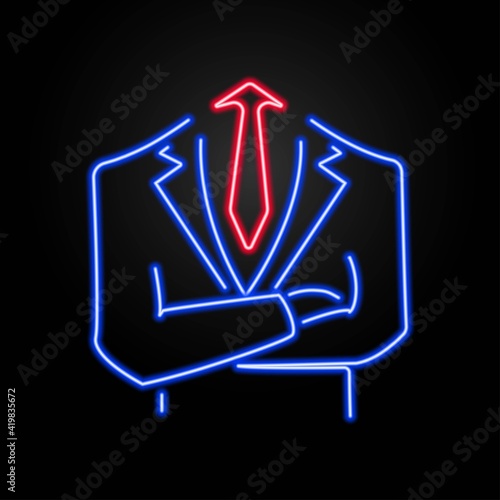 Tie and jacket neon sign, modern glowing banner design, colorful modern design trend on black background. Vector illustration.
