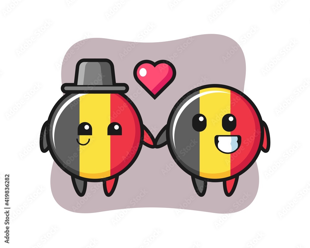 Belgium flag badge cartoon character couple with fall in love gesture