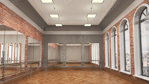 Large empty hall with wooden floors, brick walls, large windows and mirrors. Dance studio. 3d illustration photo