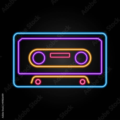 Audio cassette neon sign, modern glowing banner design, colorful modern design trend on black background. Vector illustration.